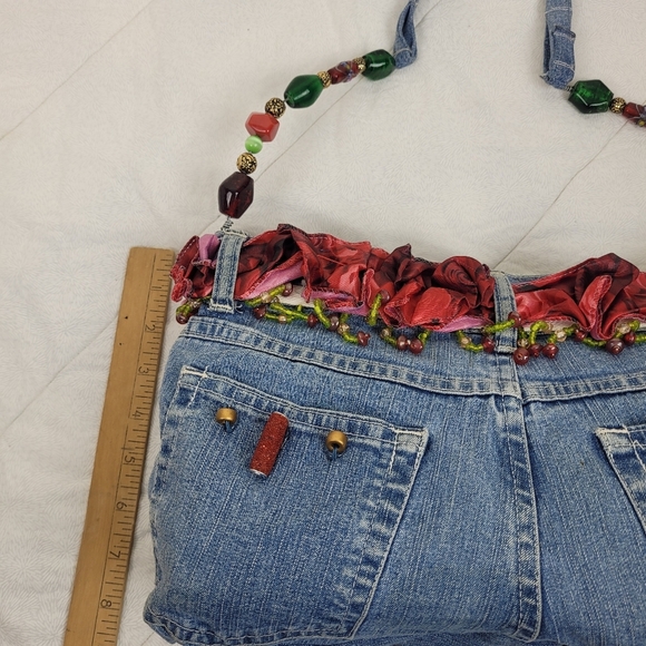 Hand Crafted By Scarlet Denim Red Beaded Women's Bag Lined Bead Handle Boho Arty - Picture 4 of 9